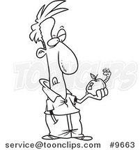 Cartoon Black and White Line Drawing of a Guy Holding an Apple with a Worm by Toonaday
