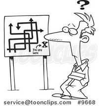 Cartoon Black and White Line Drawing of a Confused Guy Viewing a Map Sign by Toonaday