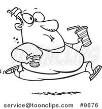 Cartoon Black and White Line Drawing of a Fat Guy Running and Eating Junk Food by Toonaday
