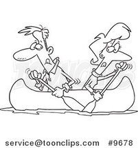 Cartoon Black and White Line Drawing of a Couple Rowing a Canoe in Opposite Directions by Toonaday