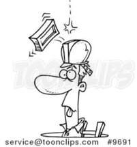 Cartoon Black and White Line Drawing of a Brick Falling on a Construction Guy in a Guy Hole by Toonaday