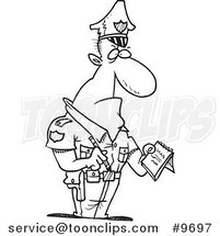 Cartoon Black and White Line Drawing of a Tough Cop Writing a Ticket by Toonaday