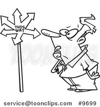 Cartoon Black and White Line Drawing of a Confused Guy Viewing an Arrow Sign by Toonaday