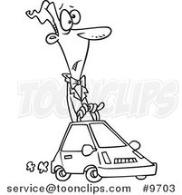 Cartoon Black and White Line Drawing of a Guy Driving a Compact Car by Toonaday