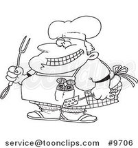 Cartoon Black and White Line Drawing of a Chubby Chef by Toonaday