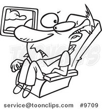 Cartoon Black and White Line Drawing of a Confined Guy on an Airplane by Toonaday
