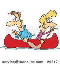 Cartoon Couple Rowing a Canoe in Opposite Directions by Toonaday