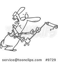 Cartoon Black and White Line Drawing of a House Painter Using a Roller by Toonaday