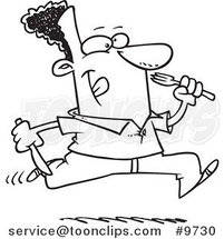 Cartoon Black and White Line Drawing of a Hungry Black Guy Running with Cutlery by Toonaday