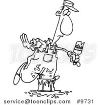 Cartoon Black and White Line Drawing of a Painter Stepping in a Bucket by Toonaday