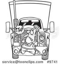 Cartoon Black and White Line Drawing of a Big Rig Hitting a Crossing Guard by Toonaday