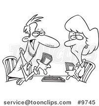 Cartoon Black and White Line Drawing of a Couple Playing Cribbage by Toonaday
