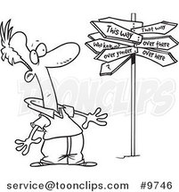 Cartoon Black and White Line Drawing of a Guy at a Crossroads with a Crazy Sign by Toonaday