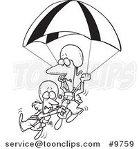 Cartoon Black and White Line Drawing of a Couple Parachuting by Toonaday