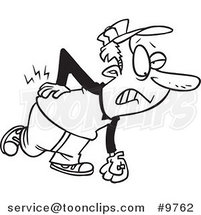 Cartoon Black and White Line Drawing of a Baseball Player with Back Pain by Toonaday