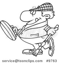 Cartoon Black and White Line Drawing of a Guy Curling by Toonaday