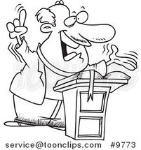 Cartoon Black and White Line Drawing of a Preaching Pastor by Toonaday