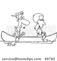 Cartoon Black and White Line Drawing of a Lady Scooping Water out of a Boat As Her Boyfriend Rows by Toonaday