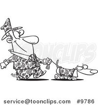 Cartoon Black and White Line Drawing of a Guy Dressed in Paisley, Walking His Wiener Dog by Toonaday