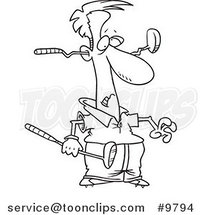 Cartoon Black and White Line Drawing of a Golfer with a Club Through His Head by Toonaday