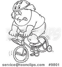 Cartoon Black and White Line Drawing of a Chubby Guy Riding a Bike with Training Wheels by Toonaday