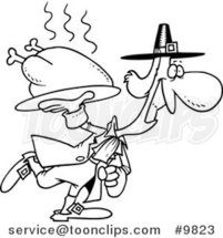 Cartoon Black and White Line Drawing of a Pilgrim Carrying a Hot Turkey by Toonaday