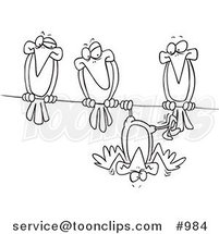 Cartoon Line Art Design of a Silly Bird Hanging Upside down on a Wire by His Friends by Toonaday