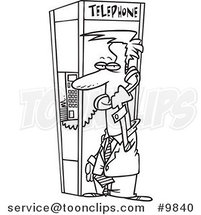Cartoon Black and White Line Drawing of a Business Man in a Phone Booth by Toonaday