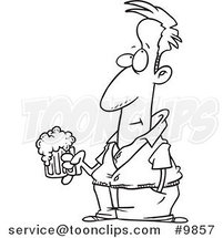 Cartoon Black and White Line Drawing of a Pensive Guy Holding a Beer by Toonaday