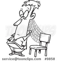 Cartoon Black and White Line Drawing of a Patient Guy with Cobwebs by a Chair by Toonaday