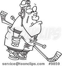 Cartoon Black and White Line Drawing of a Hockey Player Getting a Penalty by Toonaday