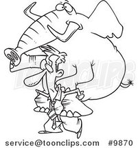 Cartoon Black and White Line Drawing of a Business Man Giving an Elephant a Piggy Back Ride by Toonaday