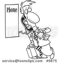 Cartoon Black and White Line Drawing of a Business Man Using a Pay Phone by Toonaday