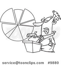 Cartoon Black and White Line Drawing of a Business Man Discussing a Pie Chart by Toonaday
