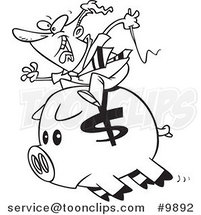 Cartoon Black and White Line Drawing of a Business Man Riding a Piggy Bank by Toonaday