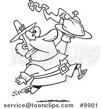 Cartoon Black and White Line Drawing of a Goofy Pilgrim Carrying a Hot Turkey by Toonaday