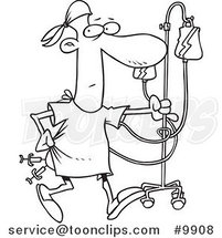 Cartoon Black and White Line Drawing of a Hospital Patient with Needles in His Butt by Toonaday