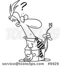 Cartoon Black and White Line Drawing of a Confused Business Man Holding a Plug by Toonaday