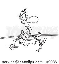 Cartoon Black and White Line Drawing of a Pole Vaulter by Toonaday