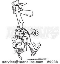 Cartoon Black and White Line Drawing of a Happy Post Guy by Toonaday