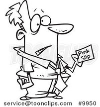 Cartoon Black and White Line Drawing of a Nervous Business Man Holding a Pink Slip by Toonaday