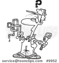 Cartoon Black and White Line Drawing of a Confused Plumber by Toonaday