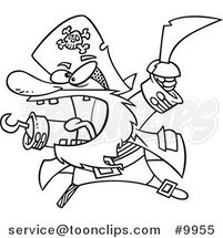 Cartoon Black and White Line Drawing of an Attacking Pirate by Toonaday