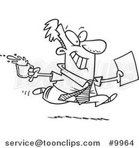 Cartoon Black and White Line Drawing of a Business Man Fetching Coffee and Paperwork by Toonaday
