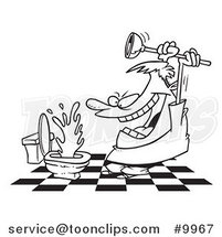 Cartoon Black and White Line Drawing of a Guy Attacking a Toilet with a Plunger by Toonaday