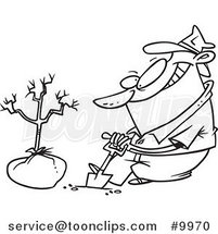 Cartoon Black and White Line Drawing of a Guy Planting a Tree by Toonaday