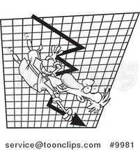 Cartoon Black and White Line Drawing of a Business Man Going down on a Plummeting Graph by Toonaday