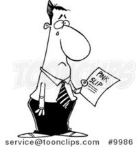 Cartoon Black and White Line Drawing of a Crying Business Man Holding a Pink Slip by Toonaday