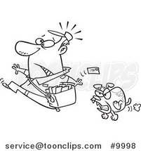 Cartoon Black and White Line Drawing of a Mail Guy Running from a Dog by Toonaday