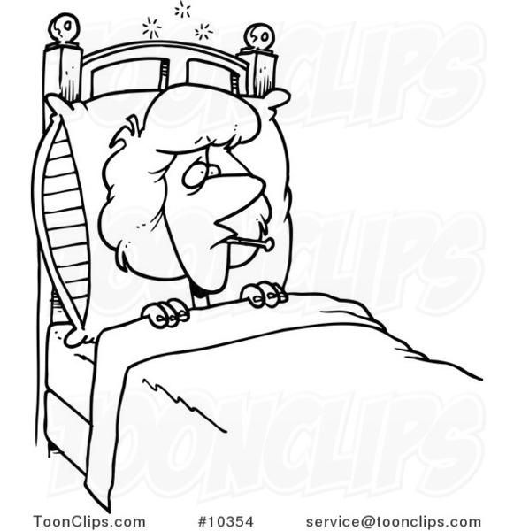 Cartoon Black and White Line Drawing of a Sick Lady in Bed #10354 by ...